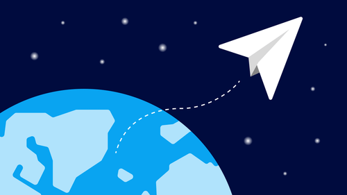 A paper plane flies from the Earth into outer space.