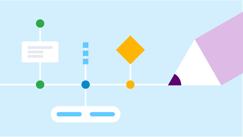 A pencil draws a line that connects several colorful shapes together.