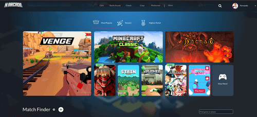 A screenshot of N-Arcade's homepage showing the most popular games available.