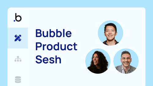 A mockup of the Bubble editor with headshots of Allen, Carly, and Payam.