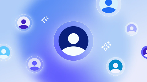 User icons and AI sparkles floating around a purple and blue gradient background.