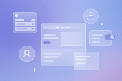 Windows, toggles, and user / chat icons surrounding a web app.