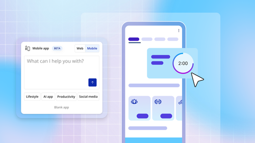 An AI prompting module and a generated fitness mobile app on a blue and purple background.