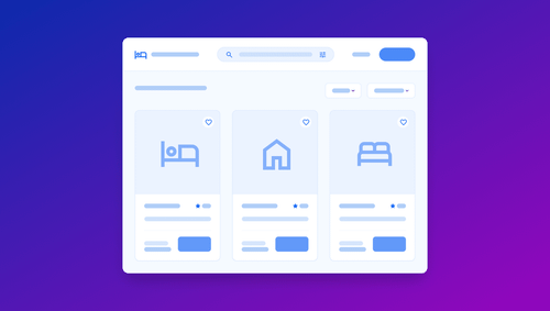 Hotel booking app UI mockup with search bar, filters, and three listing cards with bed and home icons and favorite heart buttons