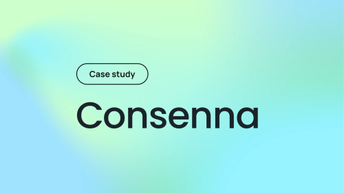 The Consenna wordmark with a pill that says "case study" on a gradient background.