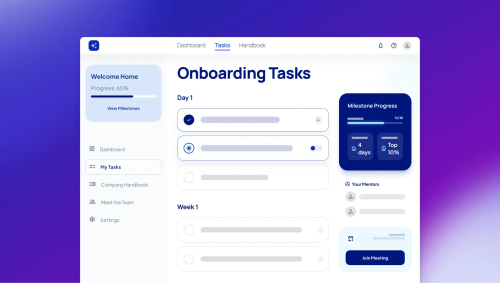 Employee onboarding software dashboard showing Onboarding Tasks, progress 65%, milestone progress 12/18, mentors list, and Join Meeting button