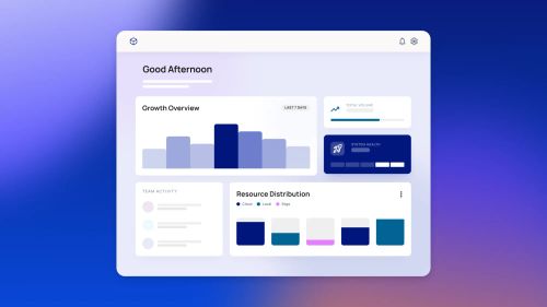 Analytics dashboard UI with Growth Overview bar chart, Total Volume and System Health cards, and Resource Distribution chart under Good Afternoon