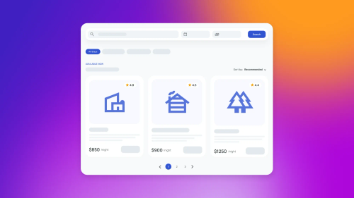 Booking system UI mockup with search bar and property cards showing ratings and nightly prices $850, $900, and $1250 on gradient background