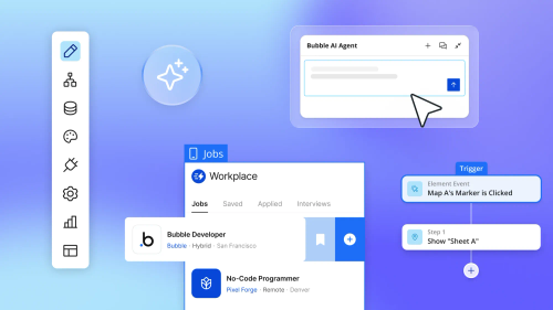Bubble AI Agent interface with workflow trigger “Map A’s Marker is Clicked” and Jobs workplace UI, illustrating no-code visual programming