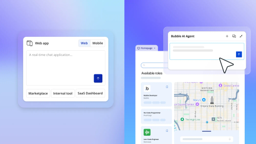 Bubble AI Agent chat widget overlay on Bubble web app builder UI with Web and Mobile tabs and send button on blue gradient background