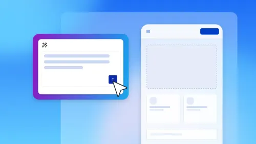 AI app development concept illustration with code editor upload button and mobile app UI wireframe on blue gradient background