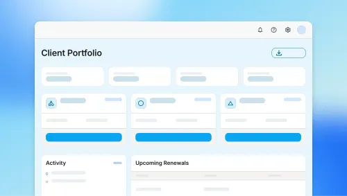 Client Portfolio dashboard UI with client cards, Activity panel, and Upcoming Renewals section in a CRM web app