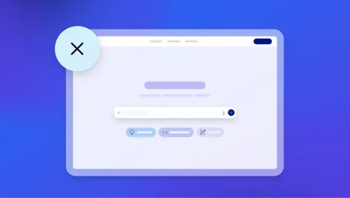 Browser window UI mockup with a close X icon, address bar and toolbar buttons on a blue gradient background, representing no-code software drawbacks