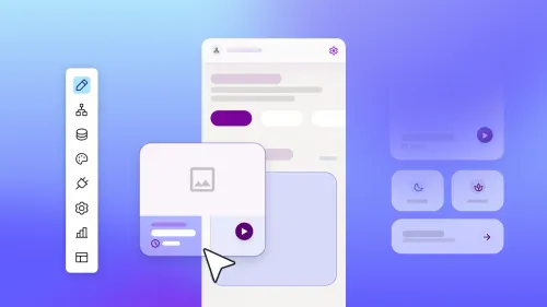 Low-code app builder UI mockup with draggable web page components, toolbar icons, and cursor on a purple-blue gradient background