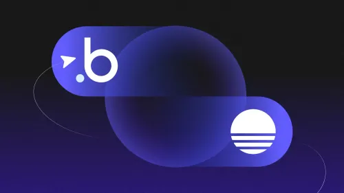 Bubble and Base44 logos on connected purple shapes, showing Bubble vs Base44 comparison on dark gradient background