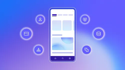 Fintech mobile app UI mockup with icons for user profile, card payments, secure login, database, API integration, and settings on purple background