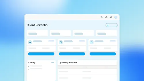 Client Portfolio dashboard UI with client cards, Activity panel, and Upcoming Renewals section in a CRM web app