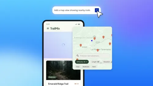 Cursor clicking prompt “Add a map view showing nearby trails” over TrailMix hiking app screen with interactive map, pins, and trail filters