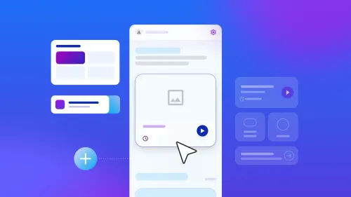 Mobile app UI design pattern illustration with cards and widgets arranged around a smartphone screen and cursor selecting a content module