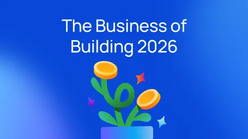 The Business of Building 2026 text on blue background above illustrated plant with gold coin flowers and sparkles