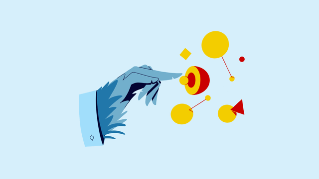A feathered hand sticking out of a men's dress shirt sleeve, pointing toward bits and bobs reminiscent of building blocks.