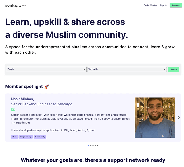 A screenshot of Levelupo's homepage. 