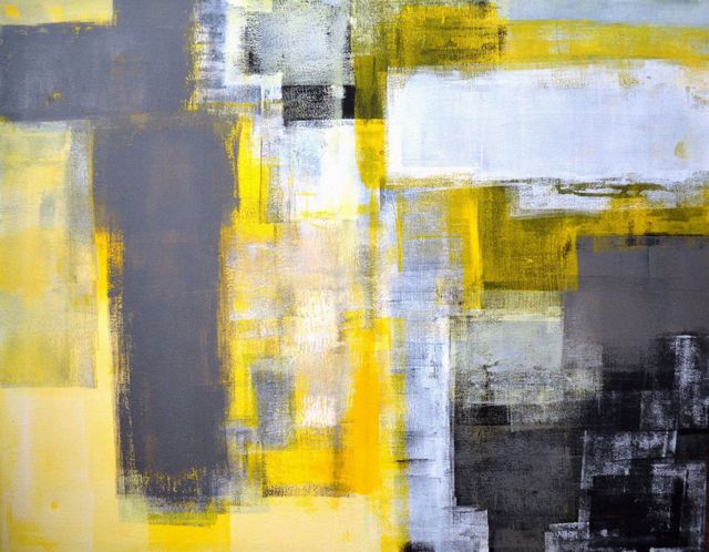 Abstract artwork with yellow, white, and dark gray. Squares and rectangles.