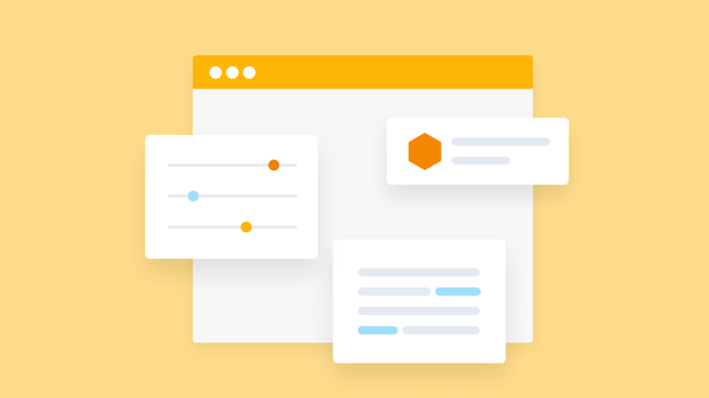 A mockup of three web app components in a window on a yellow background.