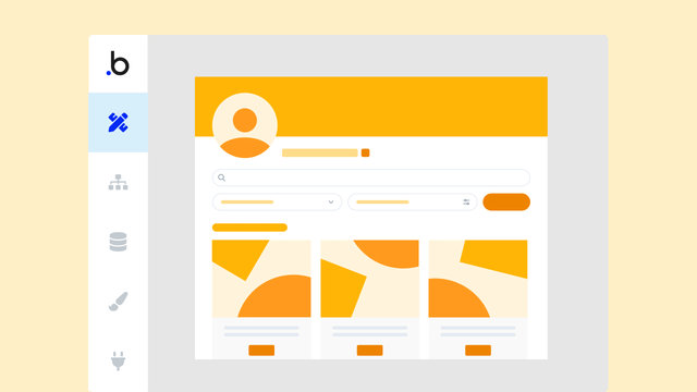 A mockup of a web app being built in Bubble's editor. The app is a user page with three card components.