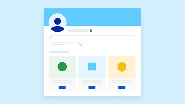 Mockup of a user profile with a search bar, dropdown menu, and three page components.