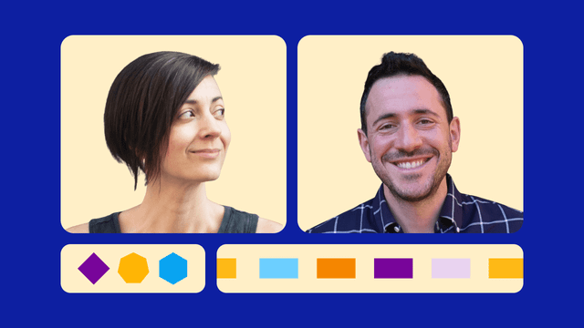 Headshots of Kelly Claus and Jake Singer above colorful, geometric shapes.