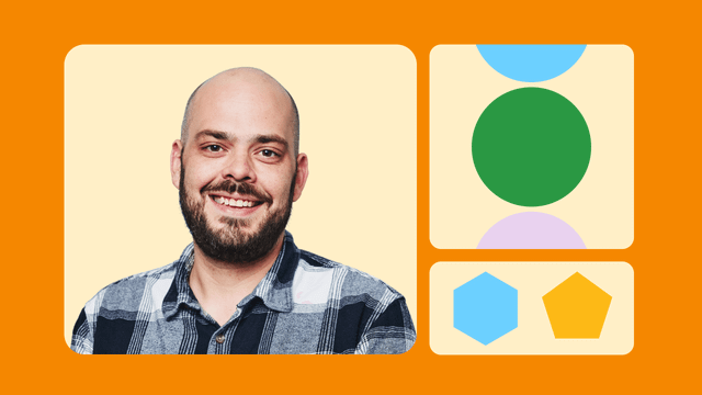 A headshot of Bubble Developer Sam Morgan next to two rectangles with colorful geometric shapes.