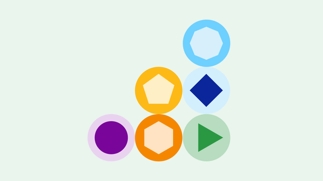 A blue hexagon, a yellow pentagon, a blue diamond, a purple circle, an orange hexagon, and a green triangle