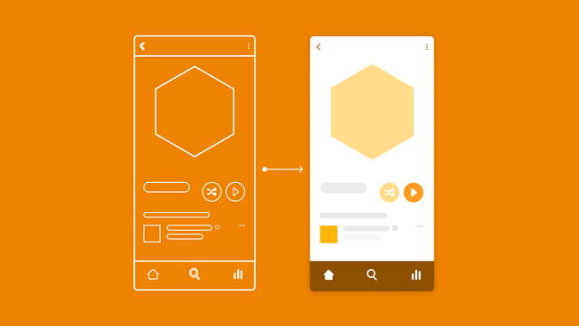 An illustration of a prototype and the "final" version of a music app. The user is viewing an album with a hexagonal cover. 