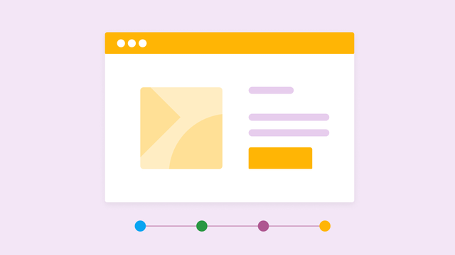 Yellow web page with a form and a submit button. Underneath is a colorful line of dots representing a timeline.