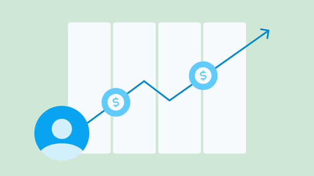 A user profile connected to an ascending line graph. Two plotted points are dollar signs.