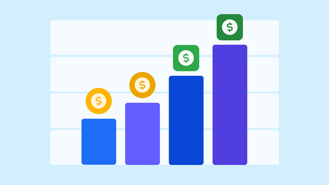 A bar graph with four bars in increasing height order with dollar signs representing increasing cash flow.