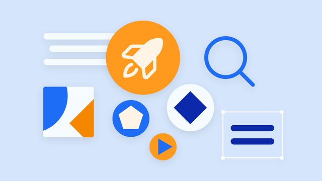 A light blue background with abstract shapes in orange and blue, including a rocket, a magnifying glass, and a menu icon.