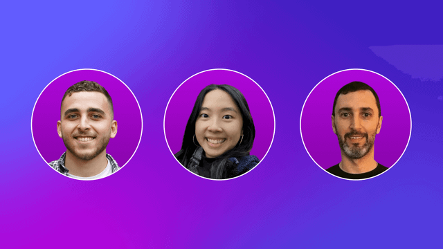 Robin Chekki, Tessa Zhang, and Felipe Santos's headshots in circles on a purple gradient.