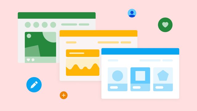 A mockup of different web apps: one green, one yellow, one blue, all with different features.
