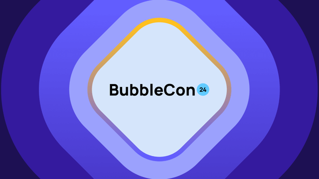 BubbleCon24 in the center of a number of rounded squares making a ripple effect