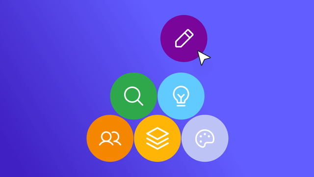Circles with icons like a user, tech stack, lighbulb arranged to form a pyramid. A pencil icon is being added to the top