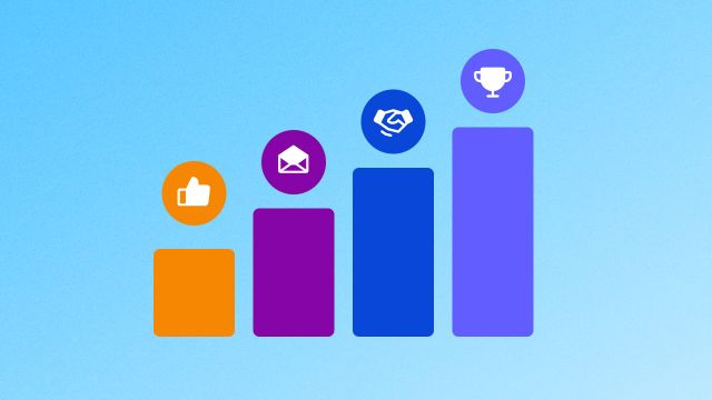 An ascending bar chart. Above the bars are floating icons including a like, envelope, and trophy.