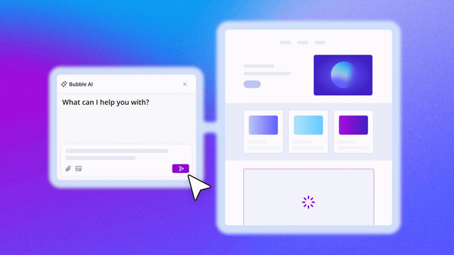 A mockup of Bubble AI creating a web page and communicating with its chatbot.