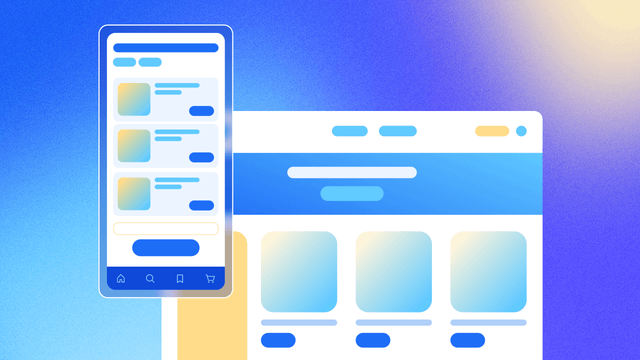 A mobile app in front of a web app with similar branding.