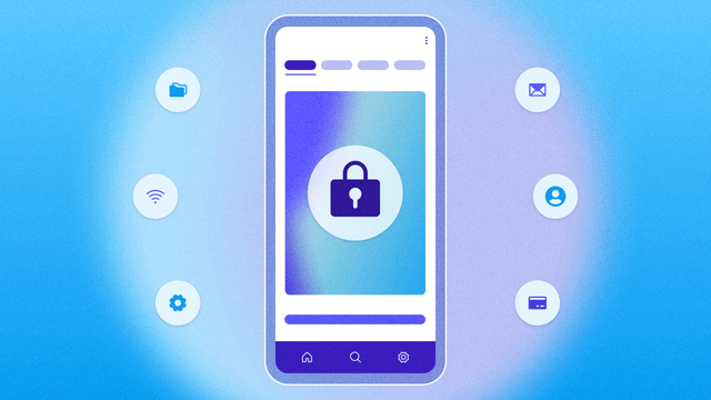 A mobile app with a lock icon. It's surrounded by icons like wifi, folder, cards, and users.