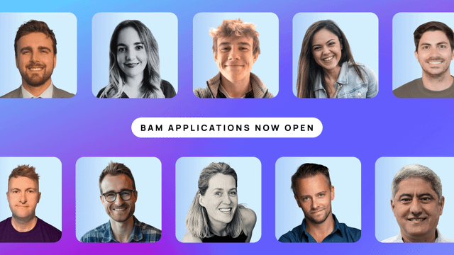 Headshots of previous Bubble Ambassadors surrounding text that reads "BAM applications now open"