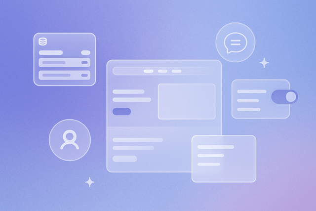 Windows, toggles, and user / chat icons surrounding a web app.