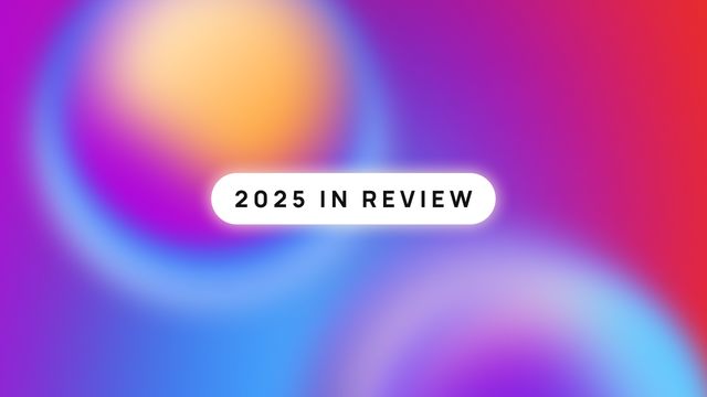 2025 in review on a purple, blue, yellow, and red orb background.