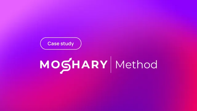 Purple gradient banner with text Case study and MOSHARY Method logo featuring an upward arrow icon